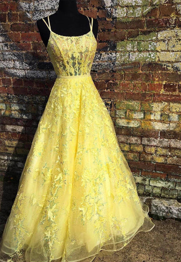 Yellow tulle lace long prom dress evening dress HZ1023